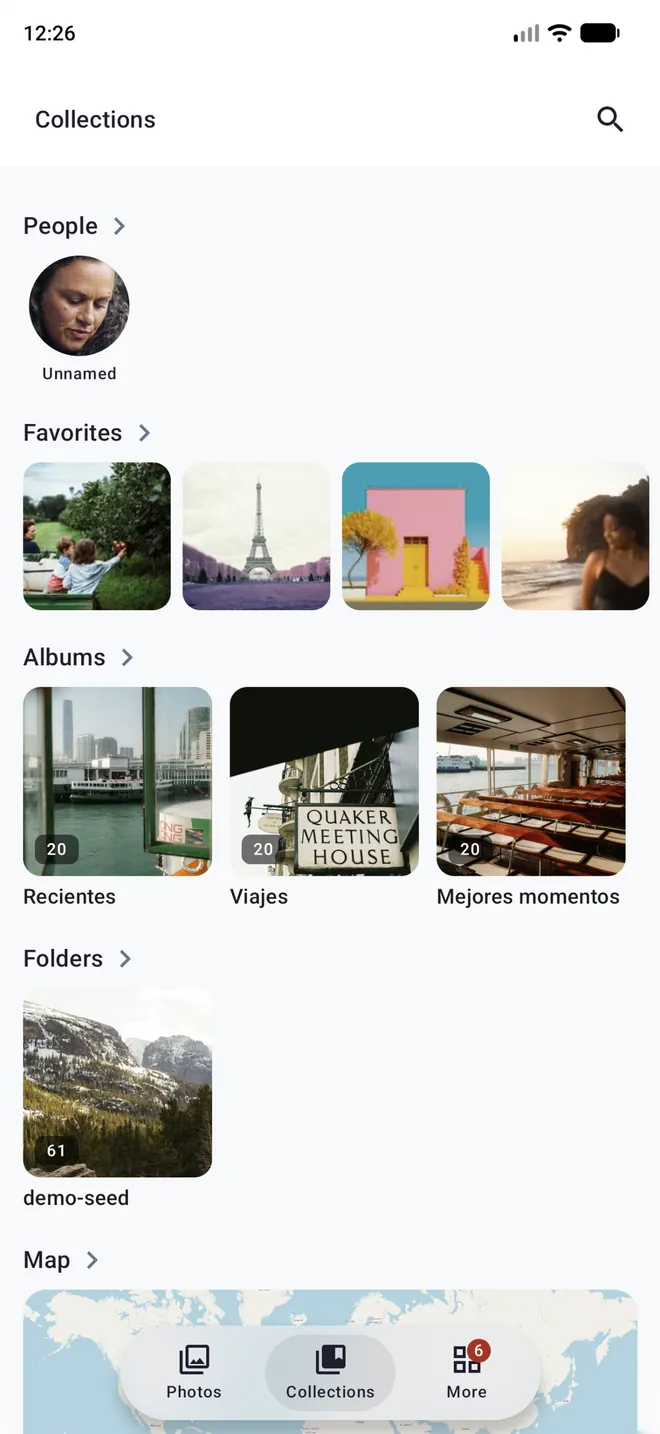 Pantalla de colecciones: personas, favoritos, álbumes y carpetas