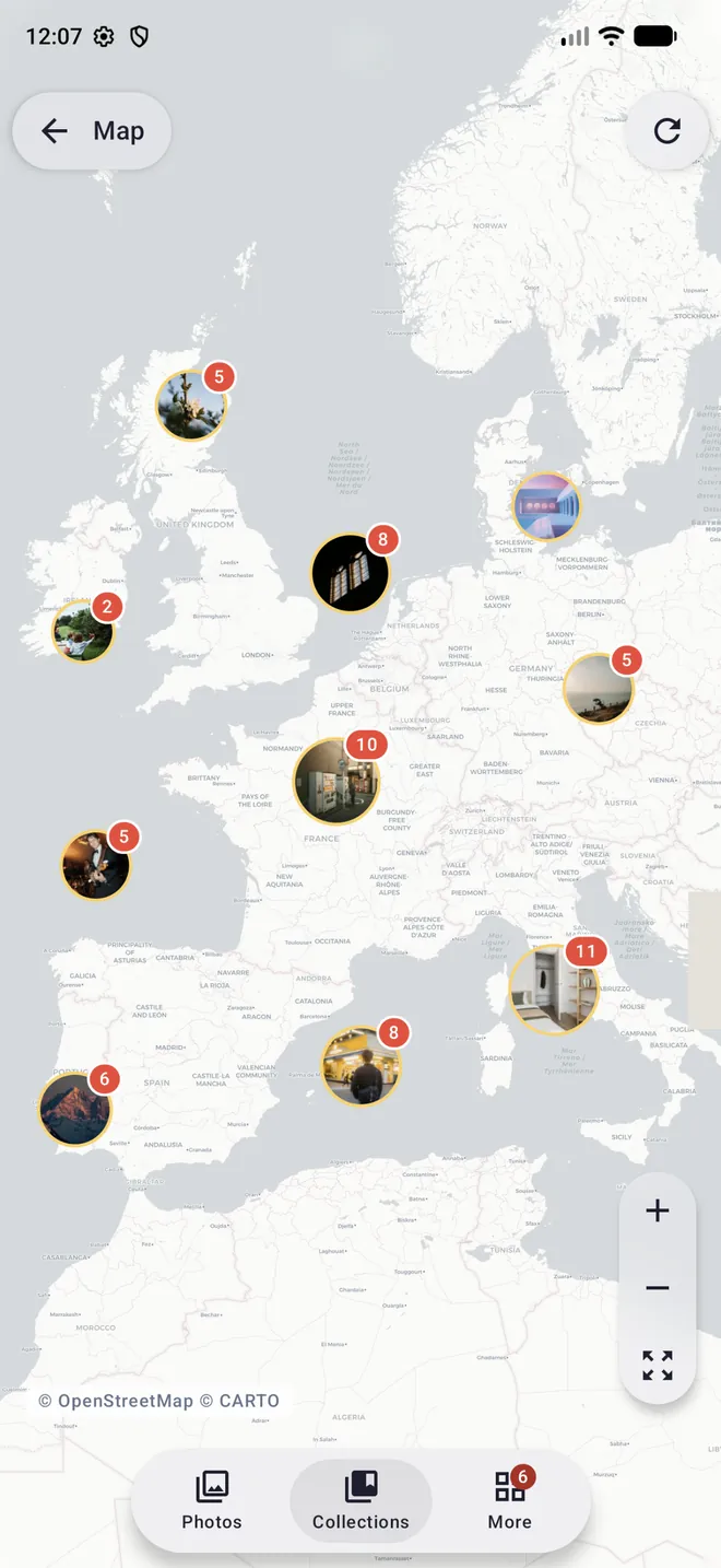 Mapa de Europa con fotos agrupadas por lugar