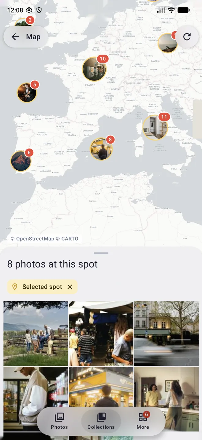Panel con las 8 fotos de un lugar seleccionado en el mapa